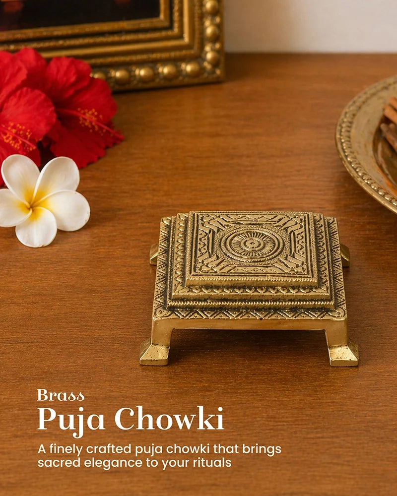 Brass Pooja Chowki Om Design Bajot for Home Temple Puja