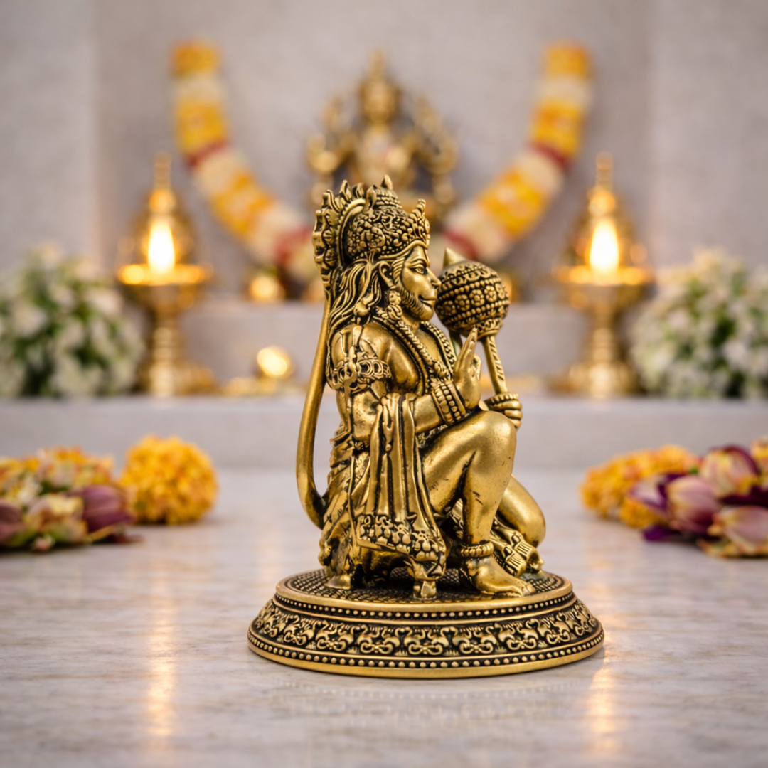 Brass Lightweight Sitting Blessing Hanuman Idol With Base (4 Inch) Vedansh Craft
