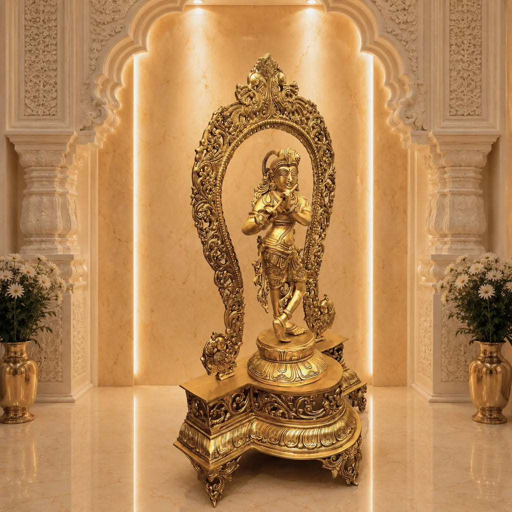 Brass Standing Krishna Idol On Throne / Singhasan (31 Inch) Vedansh Craft
