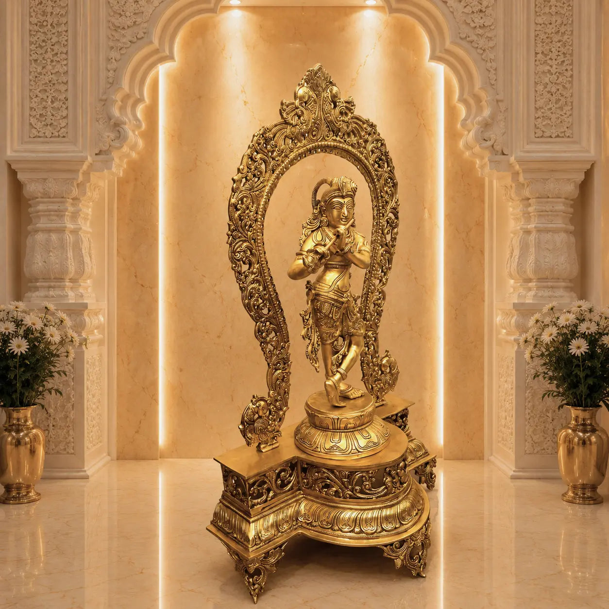 Brass Standing Krishna Idol On Throne / Singhasan (31 Inch) Vedansh Craft