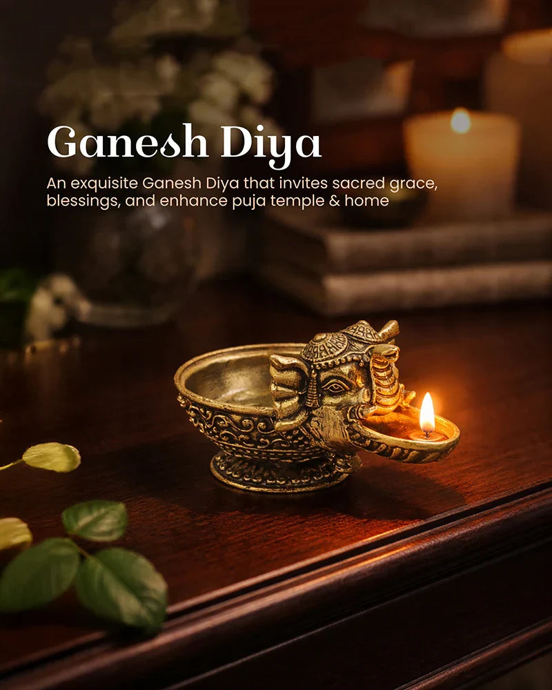 Handcrafted Ganesha Brass Oil Lamp for Aarti and Festive Worship