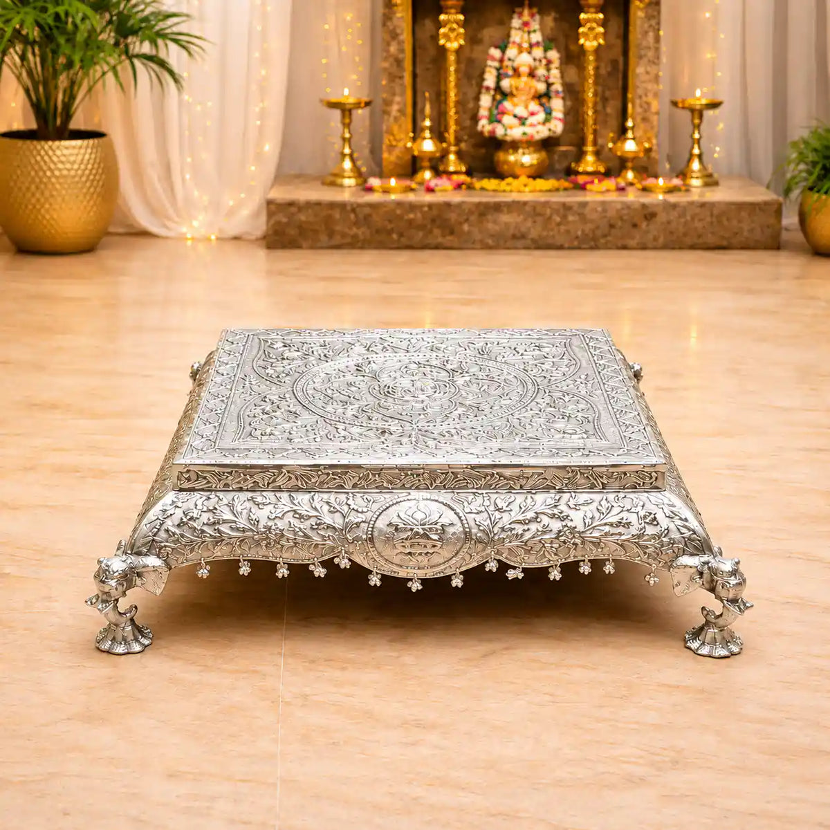 German Silver Handcrafted Chowki with Elephant Leg (7 Inch) Vedansh Craft