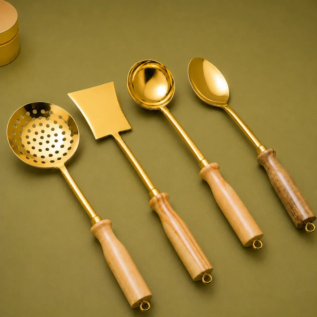 Brass Kitchen Ladles With Wooden Handle Set (14.5 Inch) Vedansh Craft