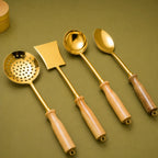 Brass Kitchen Ladles With Wooden Handle Set (14.5 Inch) Vedansh Craft