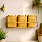 Brass Square Storage Jars / Canister Set With Wall Hanging Stand (Set of 3) Vedansh Craft