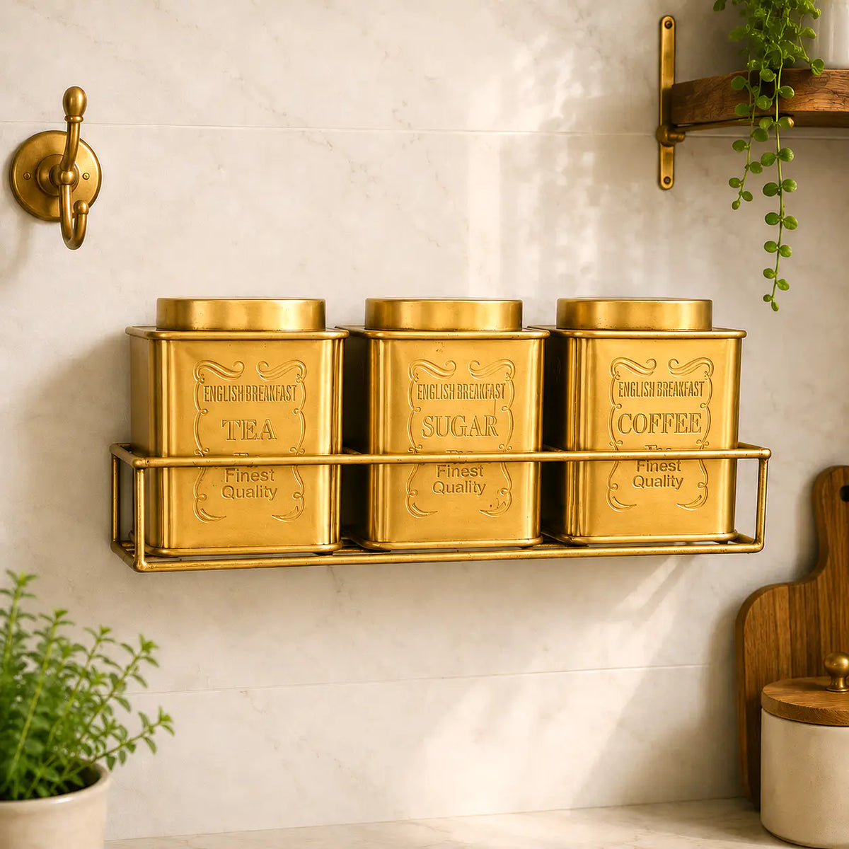 Brass Square Storage Jars / Canister Set With Wall Hanging Stand (Set of 3) Vedansh Craft