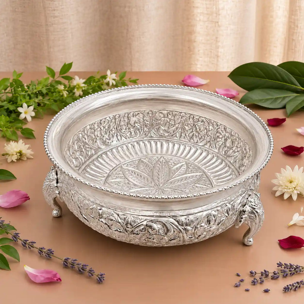 Brass Silver Plated Urli Bowl with Elephant Legs (3.2 Inch) Vedansh Craft