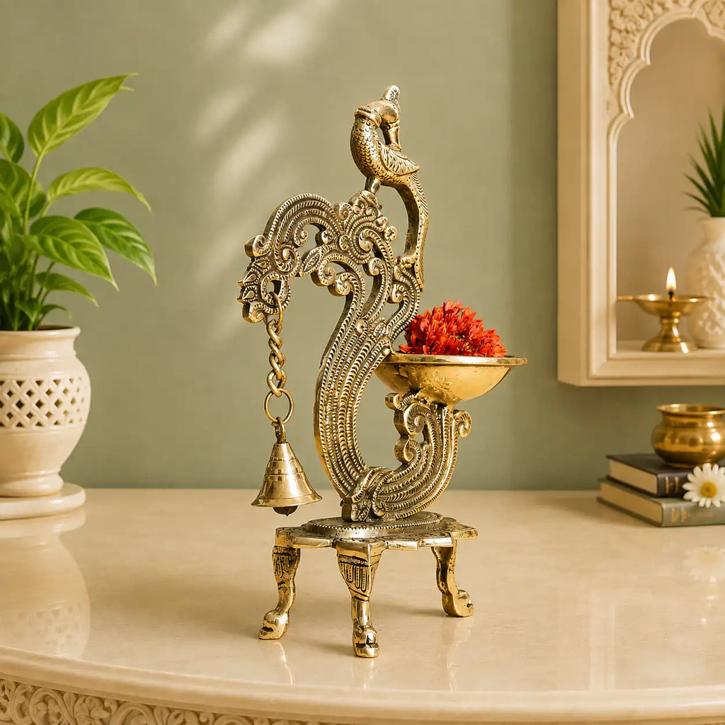 Brass Ethnic Peacock Diya Lamp With Hanging bell Vedansh Craft