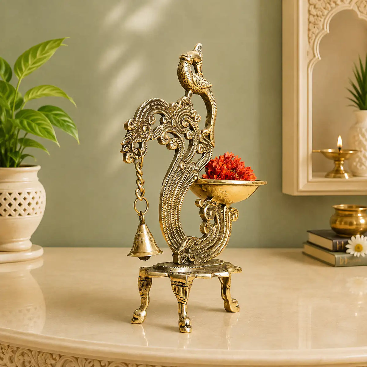 Brass Ethnic Peacock Diya Lamp With Hanging bell Vedansh Craft