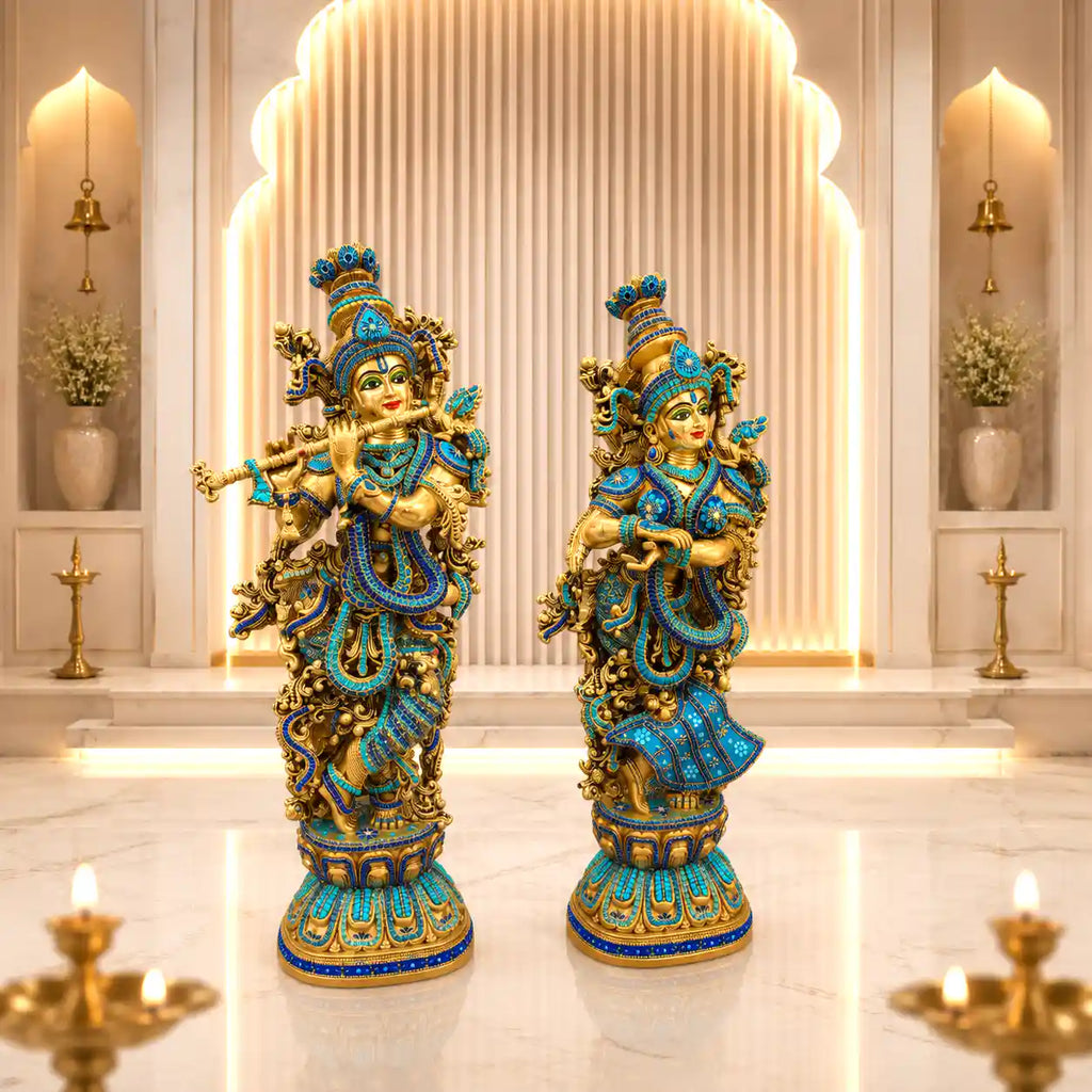 Brass Stone Work Standing Radha Krishna Statue Set (30 Inch) Vedansh Craft