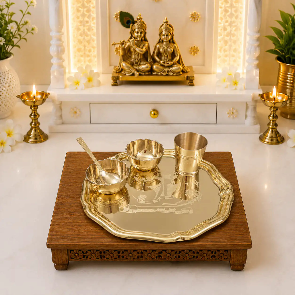Brass Pooja Bhog Thali Set – Matka Murli Design (8 Inch) Vedansh Craft