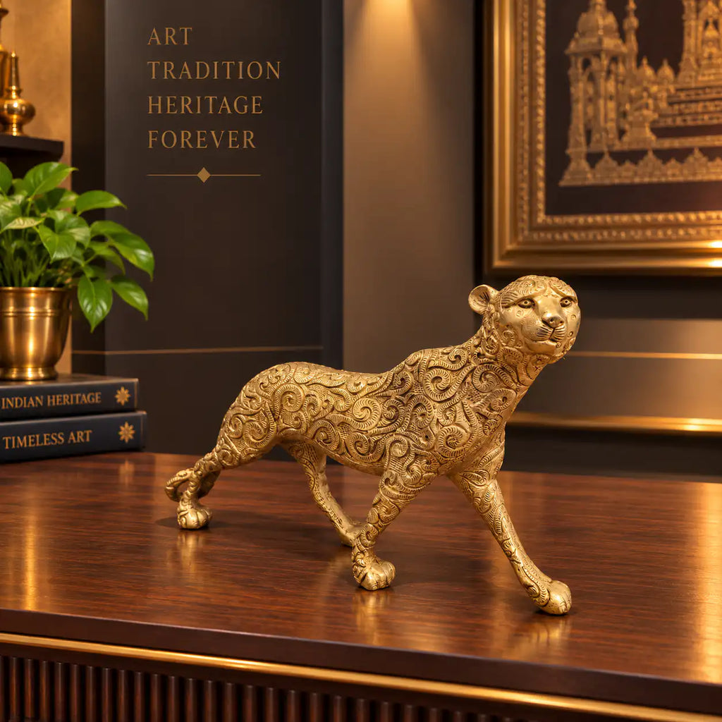 Brass Leopard / Tiger Statue (8.5 Inch) Vedansh Craft