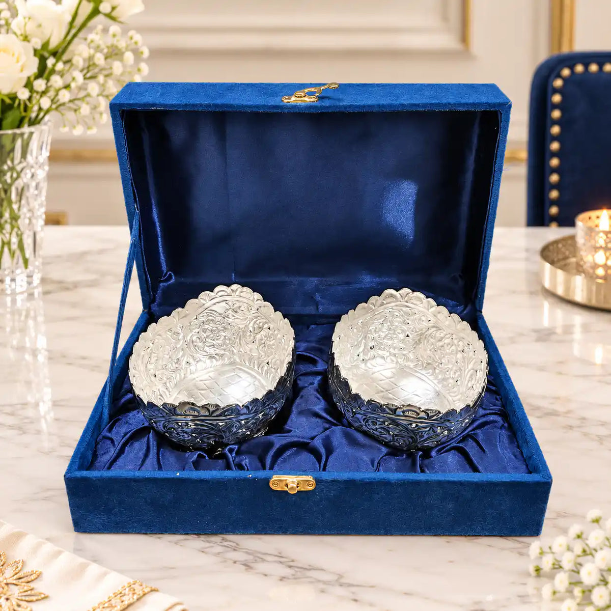 Brass Silver Plated Noka Bowl Set With Velvet Box (3 inch) Vedansh Craft