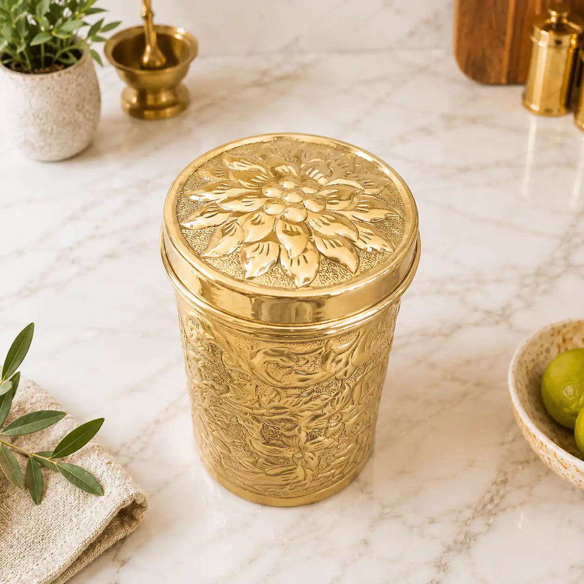 Brass Flower Design Container / Storage Box With Lid Vedansh Craft