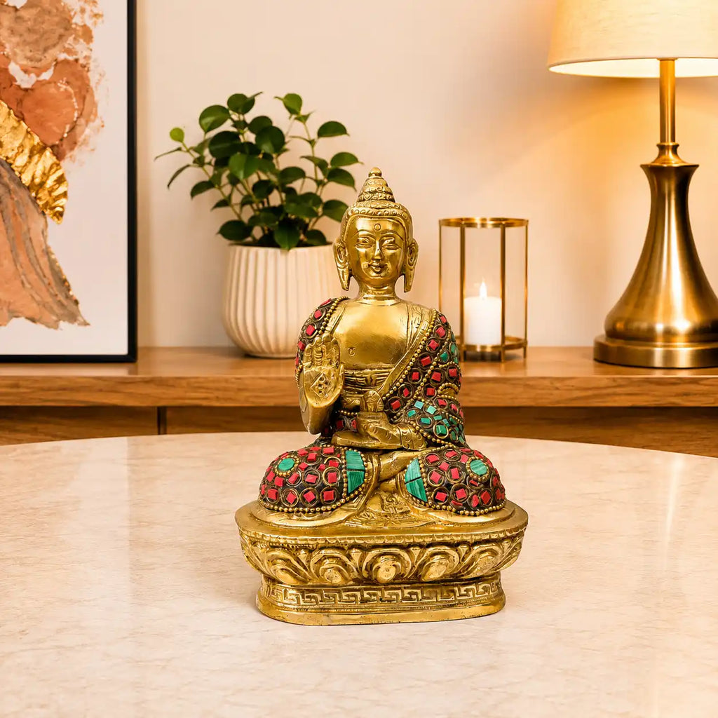 Brass Stone Work Blessing Sitting Buddha Statue Vedansh Craft