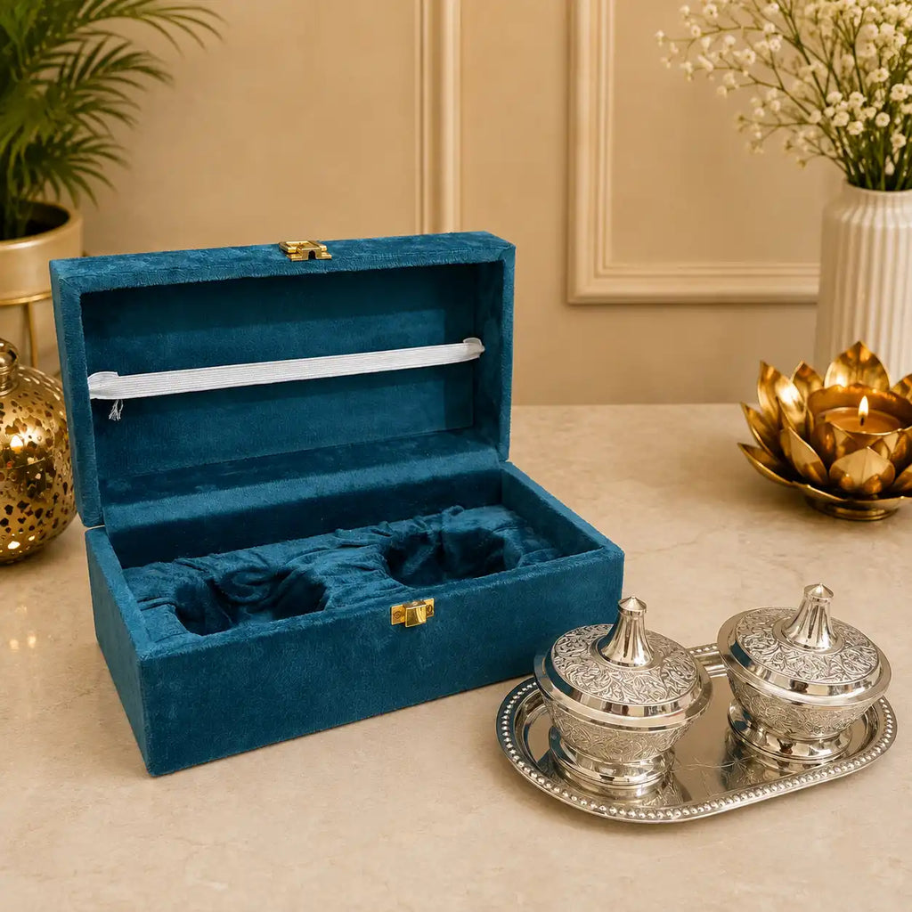 Brass Silver Plated Twin Bowl Set with Lids And Tray (3 Inch) Vedansh Craft