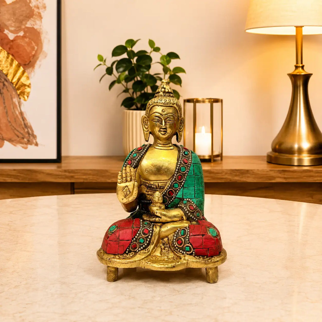 Brass Stone Work Blessing Sitting Buddha Statue Vedansh Craft