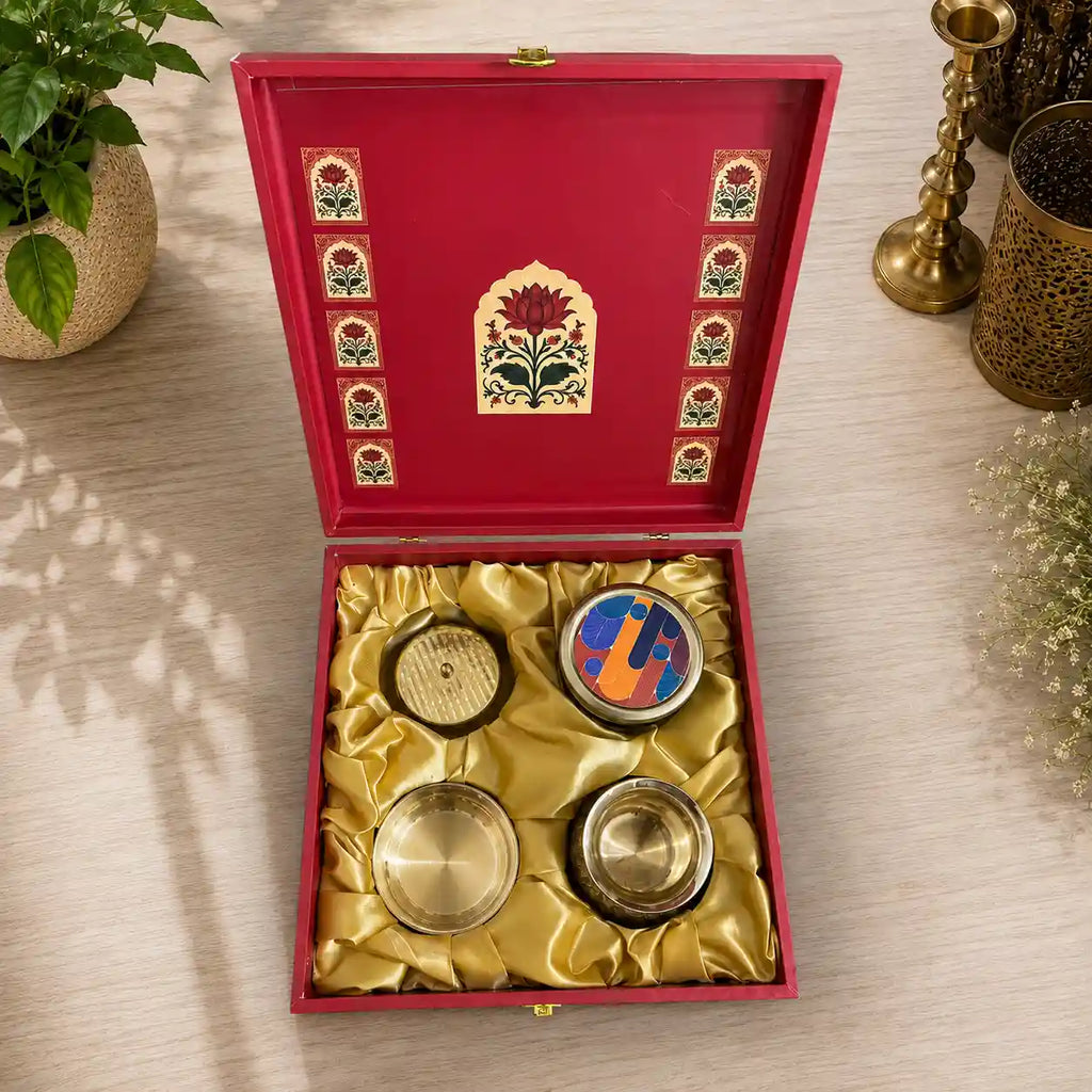 Brass Pooja Kalash Kumkum Box and Bowl Gift Hamper Vedansh Craft