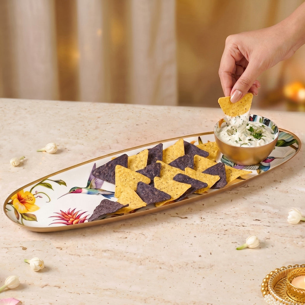 Tropical Long Metal Platter With Dip Bowl Set Of 2 In Gift Box Nestasia