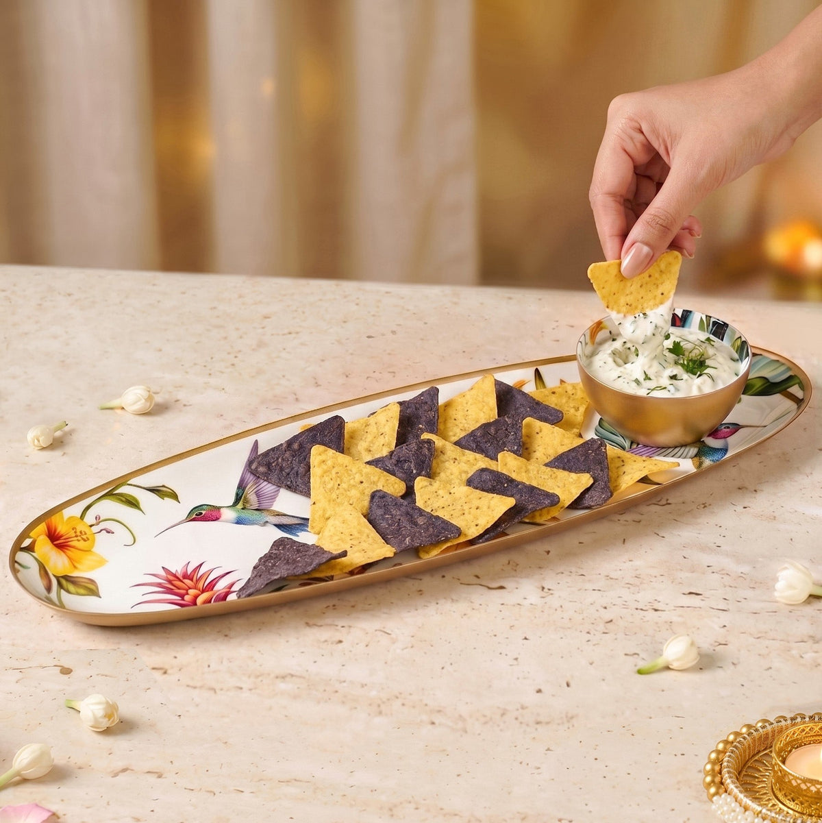 Tropical Long Metal Platter With Dip Bowl Set Of 2 In Gift Box Nestasia