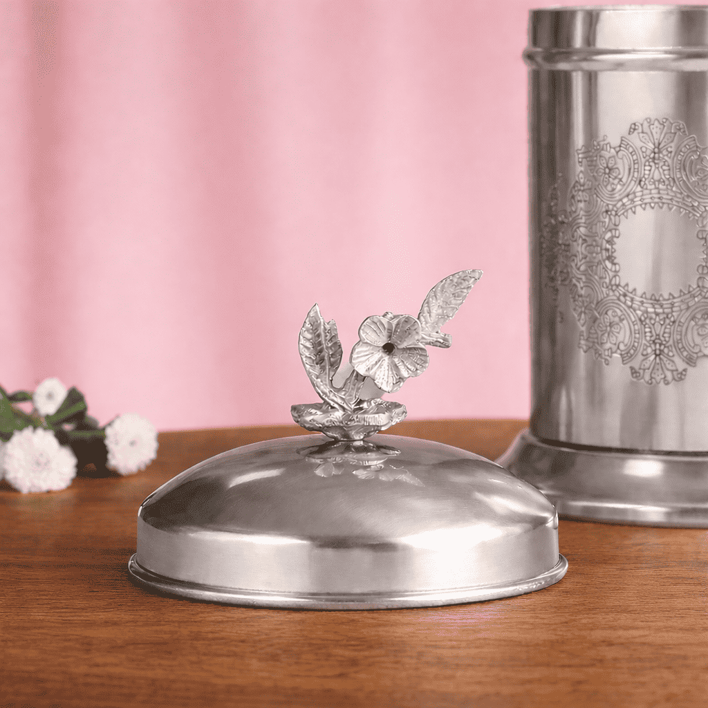 Brass Embossed Design Jar with leaf knob on lid, Brass Decorative Storage Box Vedansh Craft