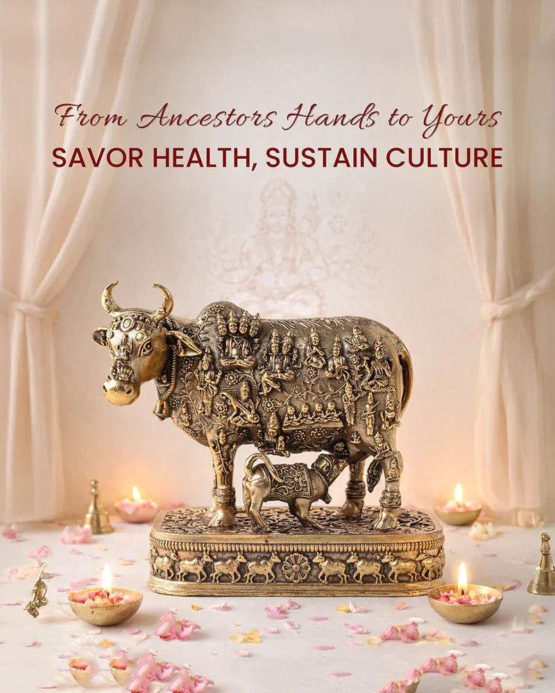 Brass Kamdhenu Cow Idol with Calf for Home Temple and Decor