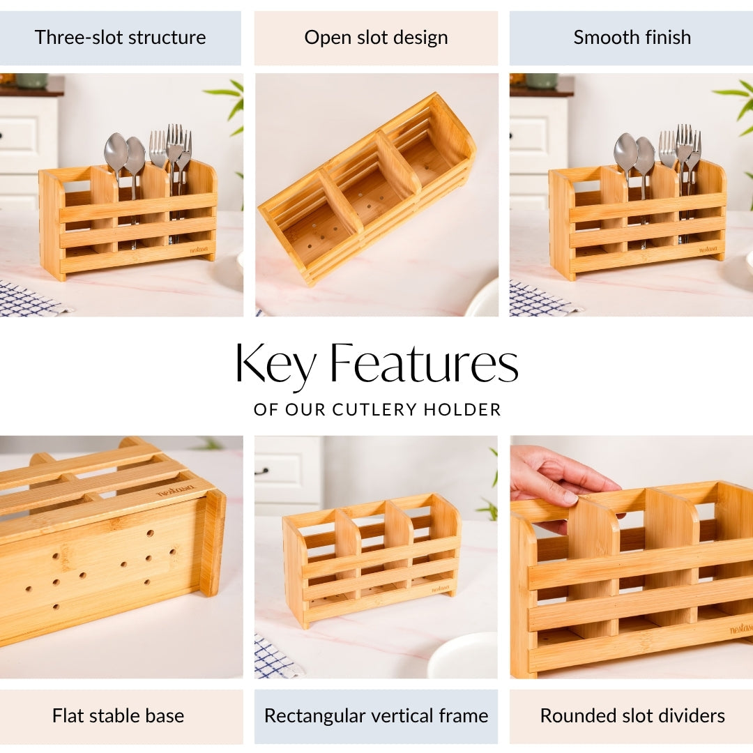 Bamboo Wood Cutlery Holder With 3 Sections Nestasia
