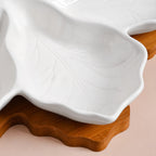 3 Section Leafy Ceramic Plate With Wooden Tray Nestasia
