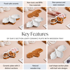 3 Section Leafy Ceramic Plate With Wooden Tray Nestasia