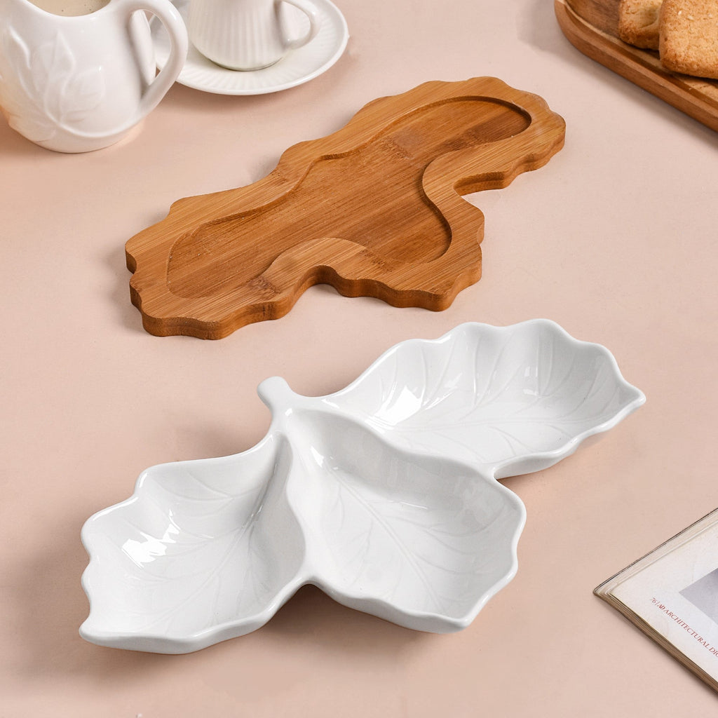 3 Section Leafy Ceramic Plate With Wooden Tray Nestasia
