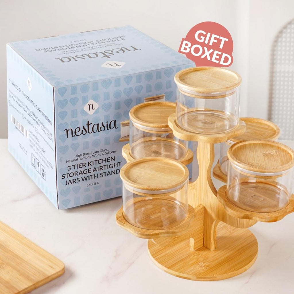 3 Tier Kitchen Storage Airtight Jars With Stand Set Of 6 450ml Nestasia