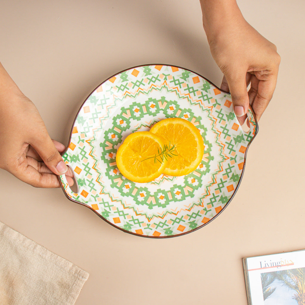 Mandala Round Ceramic Platter With Handle Green Nestasia