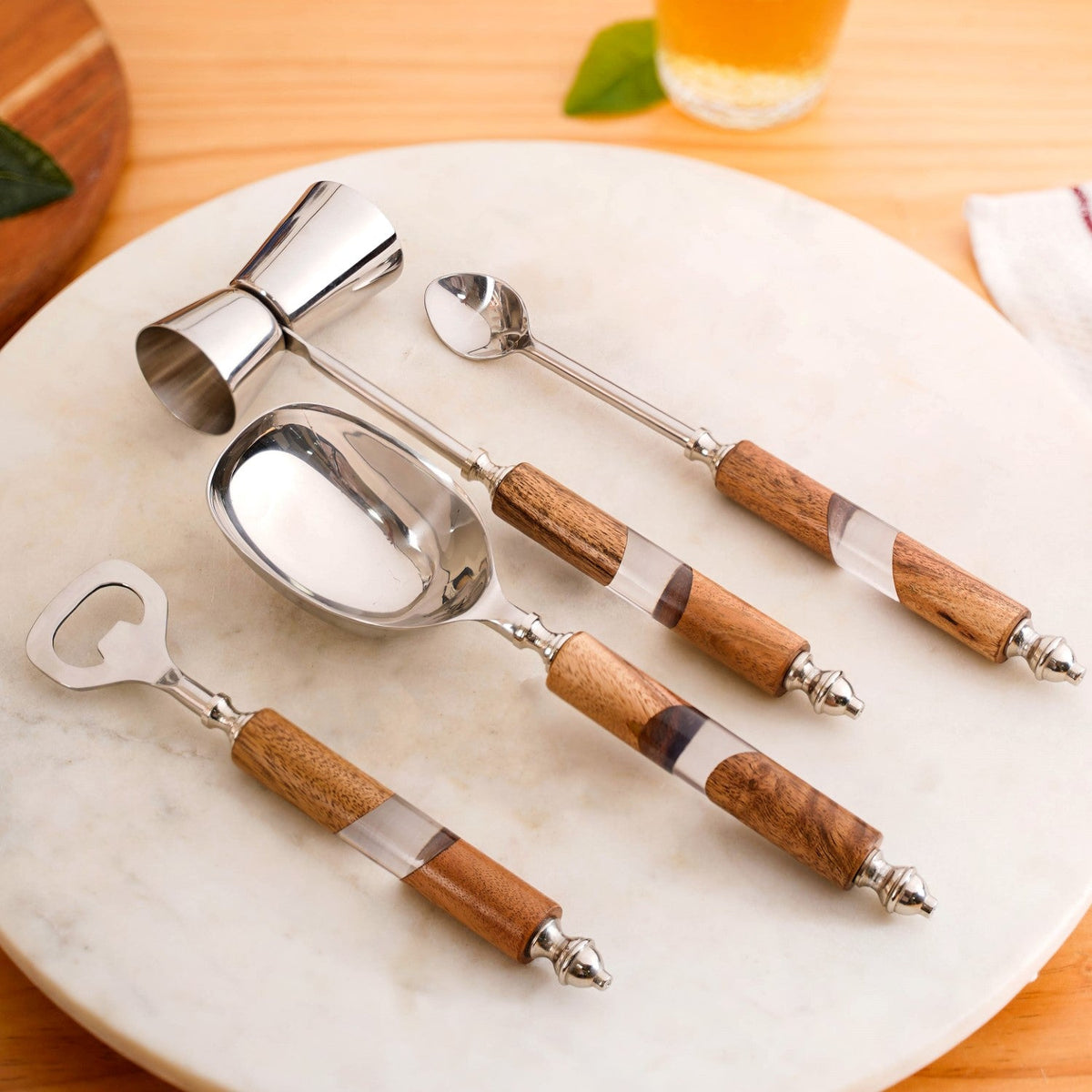 Fusion Wood Resin SS Bar Tool Set Of 4 With Stand Nestasia