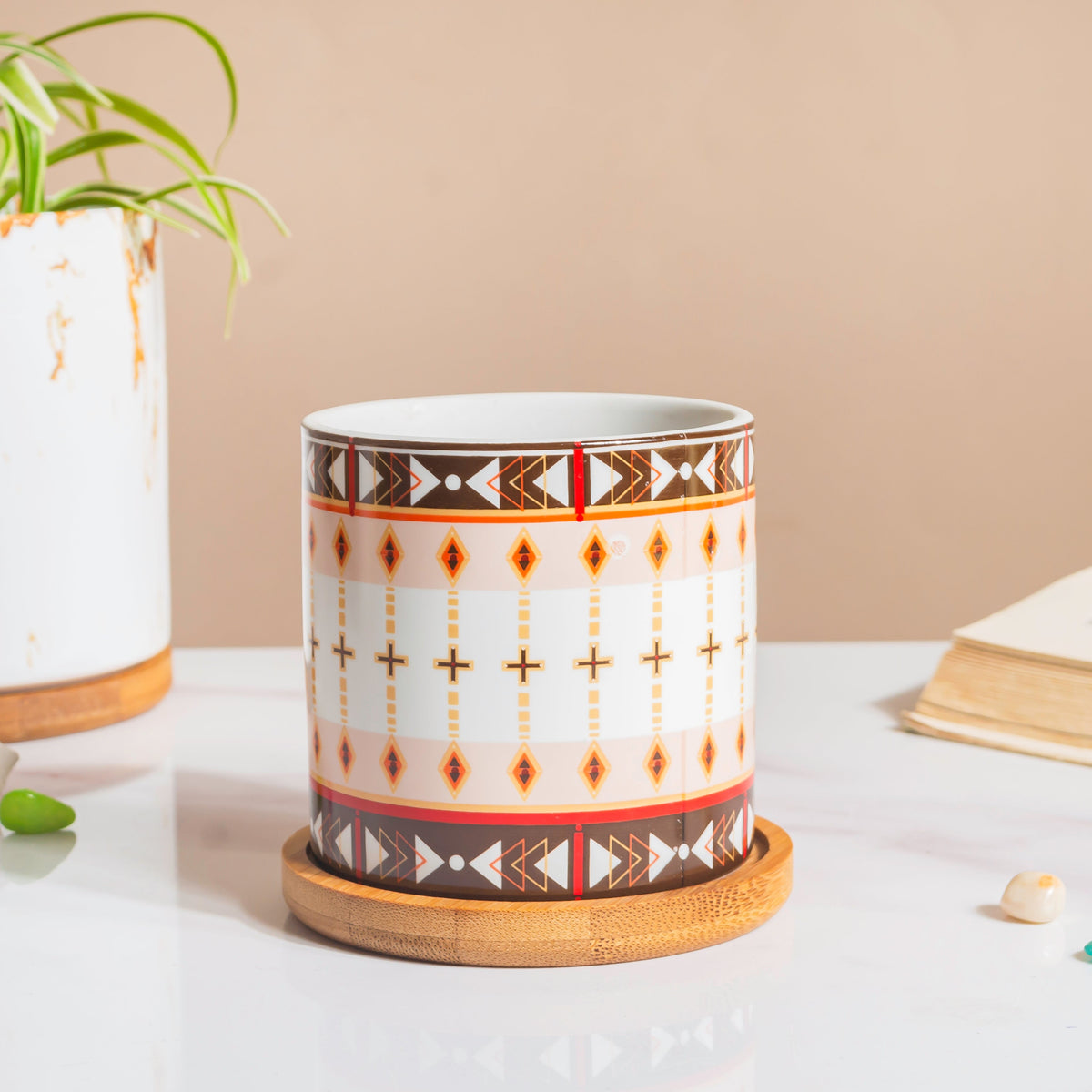 Noor Art Orange and Brown Planter With Wooden Coaster Nestasia