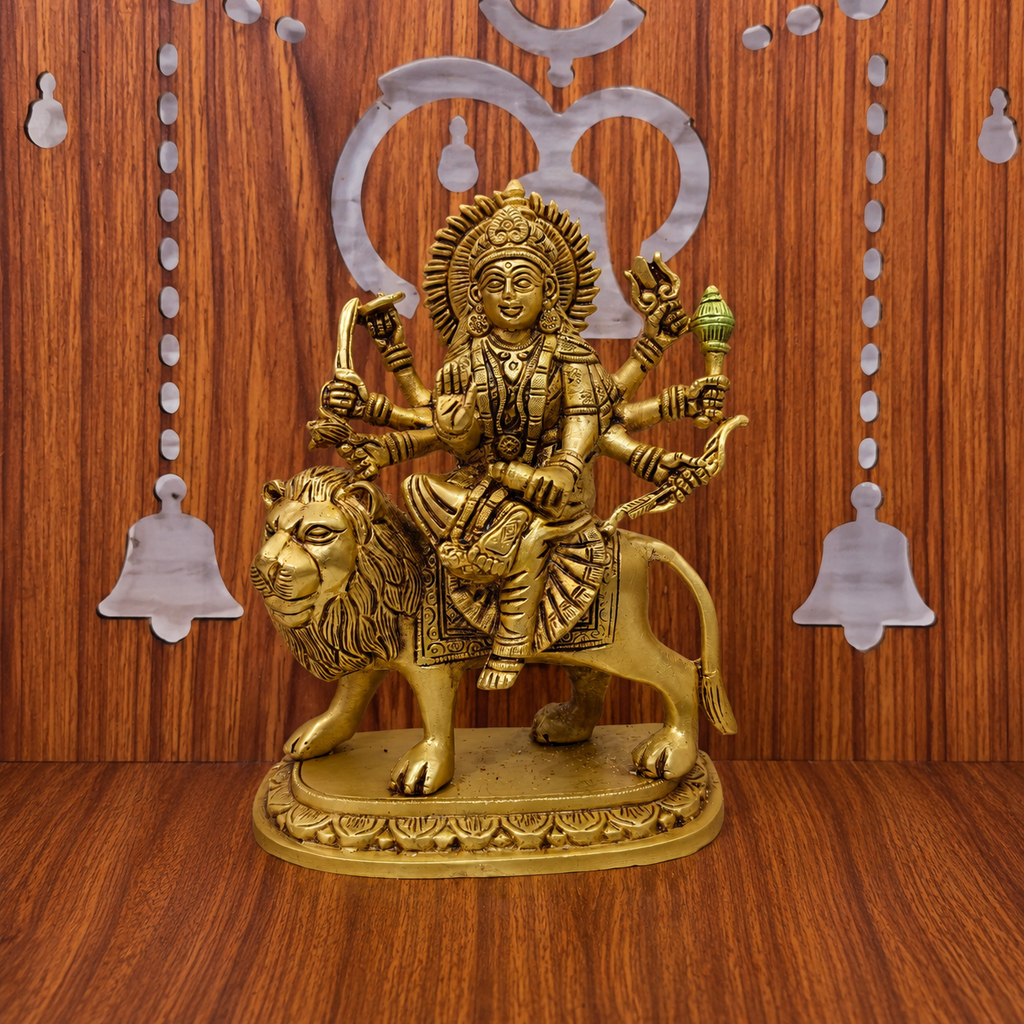 Brass Goddess Durga Sitting on Lion Statue (8.5 Inch) Vedansh Craft
