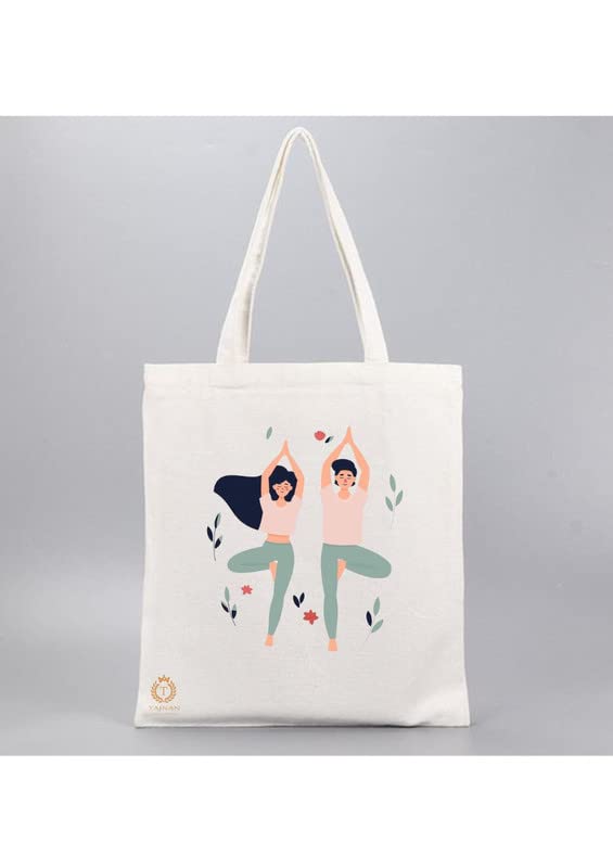 TAJNAN Reusable Tote Bags|100% Organic Cotton Grocery Bag|Eco-Friendly, Multi-Purpose Bag|Sturdy Canvas Bag with 15kgs Capacity | Multiple Stylish Designs,Pack of 1 (Yoga) - Best Gift for Valentines