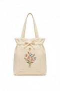 HaveGlam Embroidered Flower Tote Bag with 100% Cotton Lining Inner Pocket Button Detail for Daily Use Travel College Shopping Office & Casual Wear Lightweight Tote for Ladies & Girls (White)