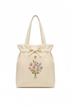 HaveGlam Embroidered Flower Tote Bag with 100% Cotton Lining Inner Pocket Button Detail for Daily Use Travel College Shopping Office & Casual Wear Lightweight Tote for Ladies & Girls (White)
