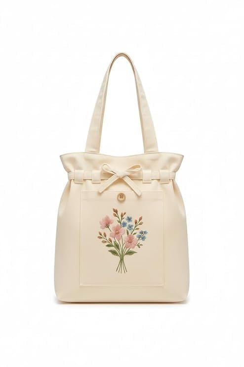 HaveGlam Embroidered Flower Tote Bag with 100% Cotton Lining Inner Pocket Button Detail for Daily Use Travel College Shopping Office & Casual Wear Lightweight Tote for Ladies & Girls (White)