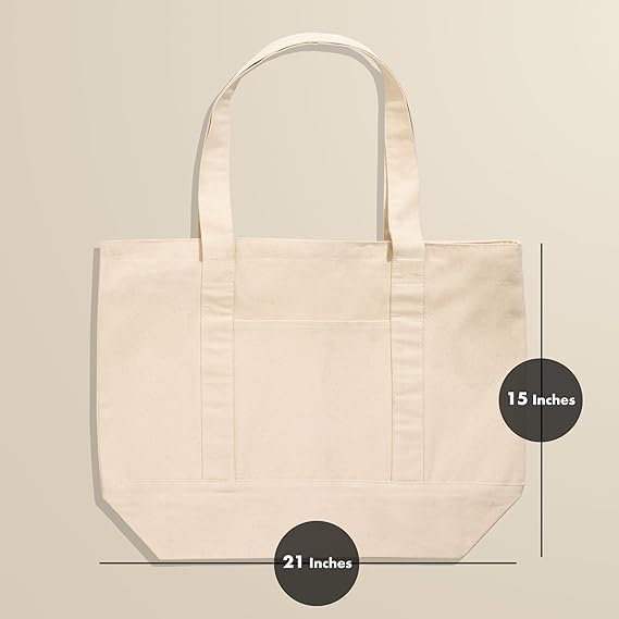 Econest Large Canvas Tote Bag for Women, Beach Bags, Travel Bag with Outer Pockets & Inner Zipper Pocket, Reusable Multi-Purpose Cotton Bags for School/Gym/Shopping/Beach & Groceries, (CREAME)
