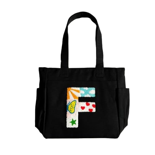 TSANTA Alphabet Tufted Canvas Tote Bag for Women, Laptop Compatible, Multicolour, Cotton, Zipper, 35x11x31 cm, Shoulder Strap, Personalised Letter Design