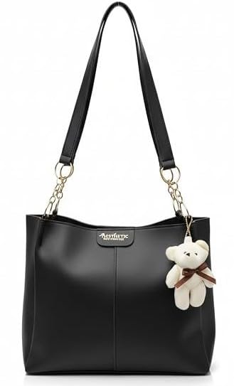 AESTHETIC Women’s Shoulder Handbag | Elegant PU Leather Tote with Chain Strap & Teddy Charm | Stylish Daily Use Purse for Office, College & Casual Outings-T-04