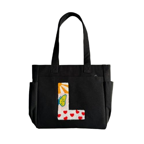 TSANTA Alphabet Tufted Canvas Tote Bag for Women, Laptop Compatible, Zipper Pockets, 35x11x31 cm, Multi, Cotton, Shoulder Strap, Personalised Letter Design