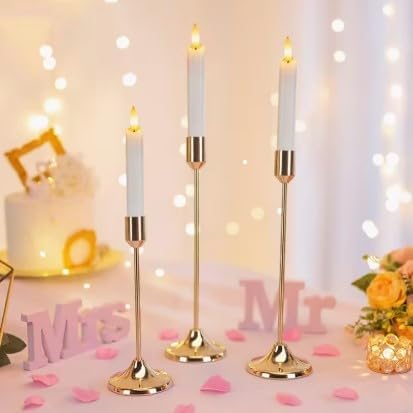 FIDEO Set of 3 Elegant Metal Candle Holders | Gold & White Polished Finish | Romantic Tabletop Decor for Dinners, Weddings, Anniversaries, Home & Hotel Decor for Special Occasions
