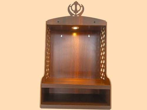 Premium Wooden Wall Pooja Mandir with Built in LED Light, Sikh Khanda Top Design, Stylish Prayer Temple for Home, Office