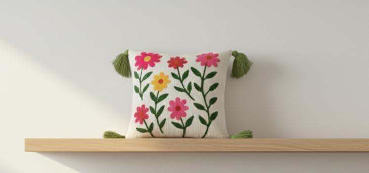 Furnistitchs Handmade Tufted Boho Cushion Covers 12x12 Inches | Embroidered Sofa Pillow Cases | Rustic Bohemian Decorative Throw Cushions for Couch Bedroom Living Room (1, Balloon Floral)