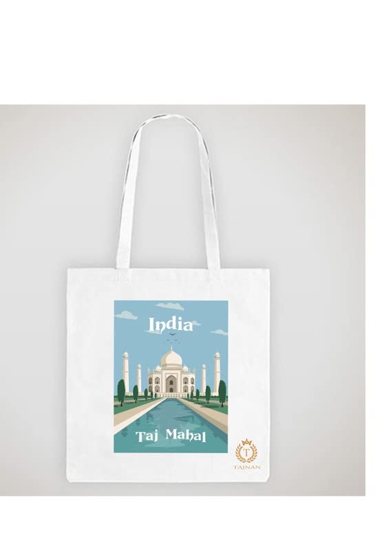 TAJNAN Reusable Tote Bags|100% Organic Cotton Grocery Bag|Eco-Friendly, Multi-Purpose Bag|Sturdy Canvas Bag with 15kgs Capacity | Multiple Stylish Designs,Pack of 1(Taj Mahal Bag)
