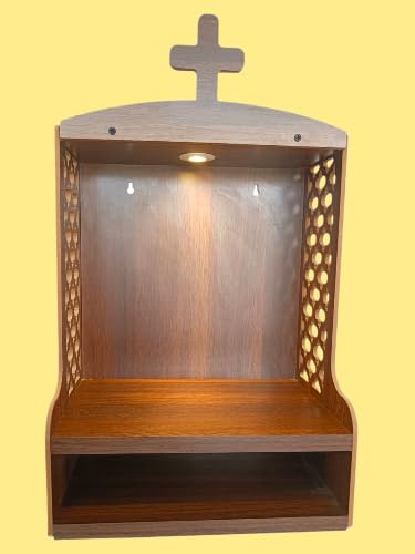 Premium Wood Wall Mounted Christian Prayer Cabinet Temple, Featuring Cross Top Soft LED Lighting Decorative Sides Shelf for Bible Candles Statues Home Church Decor Use, Brown