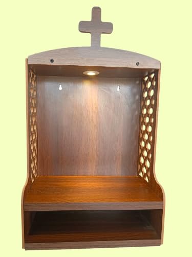 Stylish Christian Wooden Wall Temple Altar with Cross Crown, LED Downlight Carved Jali Panels Spacious Shelf for Daily Prayer Home Church Worship Room Decor Unit, Brown