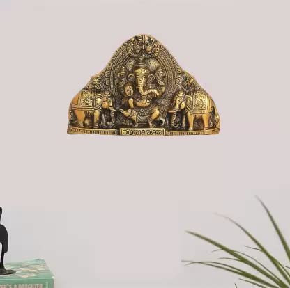 KridayKraft Ganesh Wall Hanging with Elephants for Door Entrance Decorative Showpiece - 12 cm (Aluminium, Gold)